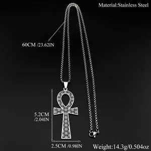 Stainless steel ankh cross pendant necklace with 60cm chain, vintage hip hop jewelry.