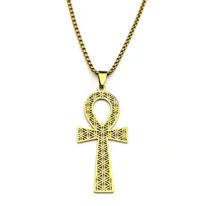 Close-up detail of the retro Egyptian Ankh cross pendant necklace with intricate geometric flower design.