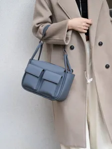 Blue top grain leather shoulder bag with dual front pockets casual tote crossbody bag