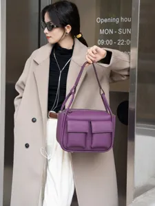 Genuine leather tote bag for women, large capacity shoulder bag with double pockets.