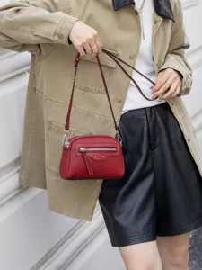 Genuine leather crossbody shoulder bag for women, stylish small square purse with top zipper.