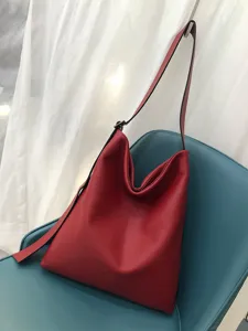 Red genuine leather shoulder bag, large soft cowhide hobo tote for women, stylish crossbody.