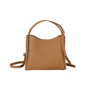 Brown leather bucket bag for women, stylish vintage shoulder and crossbody handbag.
