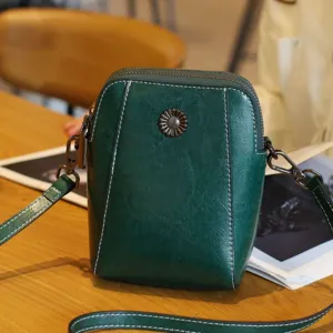 Sac bandoulière en cuir ciré vert foncé pour femme, petit sac de téléphone rétro avec sangle.