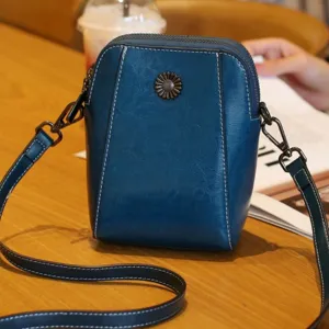 Sac bandoulière bleu pour femme en cuir ciré, élégant sac de téléphone et porte-monnaie.