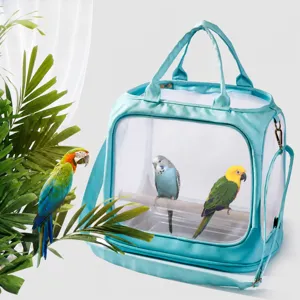 Portable bird carrier bag breathable mesh pet travel bag with perches for small birds light blue