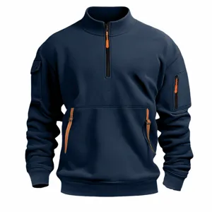 Men's stand collar half-zip sweatshirt long sleeve casual multi-pocket solid color pullover top