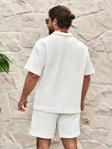 Men summer waffle knit short sleeve button shirt and matching shorts casual sportswear set