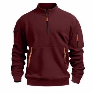 Detailed close-up view of men's wine red half-zip stand collar sweatshirt with multi pockets.