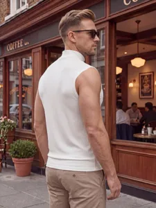 Men's summer knitted sleeveless tank top, casual slim fit vertical striped vest for gym.