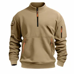 Men's stand-up collar half-zip sweatshirt with tactical multi-pockets and casual design.