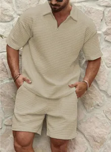 Men waffle knit short sleeve polo shirt shorts casual matching set detailed view.