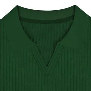 Dark green ribbed polo shirt detail, classic V-neck lapel collar, casual summer men top.