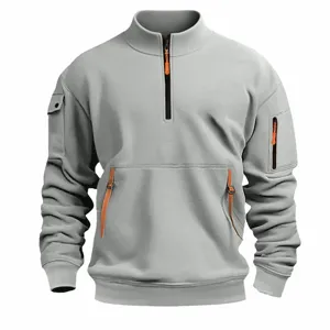 Men's casual quarter-zip mock neck sweatshirt with tactical pockets and orange zippers.