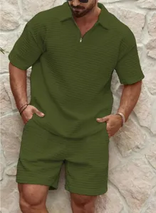 Men casual waffle knit polo shirt and shorts two piece set detail view, comfortable summer wear.