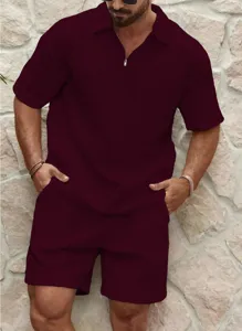 Men's waffle knit short sleeve polo shirt and shorts set detailed view in burgundy color.