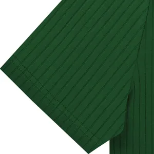 Close-up detail of mens green ribbed knit short sleeve polo shirt sleeve texture display.