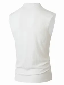 Back view detail of white ribbed mock neck sleeveless vest for men, slim knit tank top.