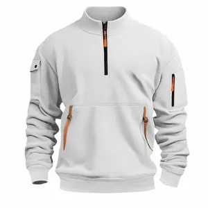 Men half zip stand collar sweatshirt tactical pocket casual long sleeve pullover top detail