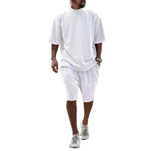 Details of men loose white casual short sleeve t-shirt and matching shorts summer outfit.