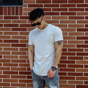 Men casual fitness t-shirt detail shot, comfortable cotton blend fabric, slim fit activewear.