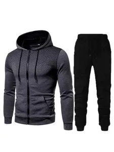 Men's casual tracksuit set featuring a gradient zip hoodie and matching black sweatpants.