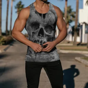 Men's skull print ribbed tank top, slim fit knitted fitness sportswear for summer.