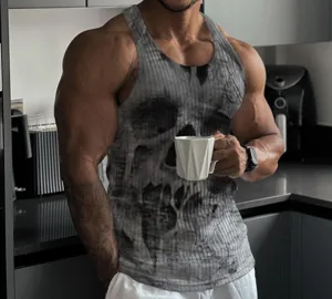 Men fitness slim fit tank top with cool skull print, casual vertical striped knit shirt for summer.