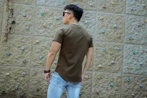 Men's casual fitness t-shirt back detail, solid color athletic short sleeve apparel.