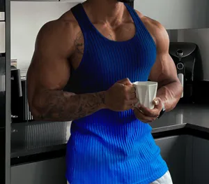 Blue ribbed knit tank top detail, slim fit athletic muscle shirt showcase, casual wear