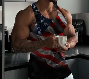 Men's US flag print racerback tank top, summer slim knit fitness athletic workout apparel detail.