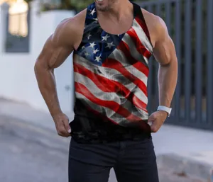 Men slim fit fitness tank top detail, American flag print workout sportswear athletic shirt.