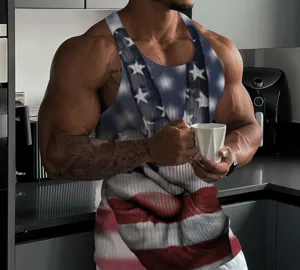 Men's patriotic US flag printed tank top, casual knitted slim fit sleeveless fitness racerback shirt lifestyle detail.