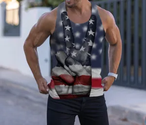 Men's casual slim fit knit tank top detail showing patriotic American flag print and sporty design.