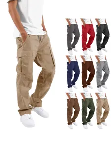 Men Casual Cargo Pants Cotton Multi-Pocket Drawstring Straight Leg Trousers For Outdoor Sports Breathable Thin Long Pants