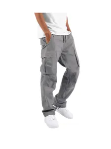 Men's casual grey cargo pants with multi-pockets and drawstring, stylish streetwear.