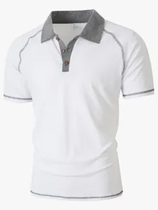 Men's short sleeve contrast collar polo shirt, casual slim fit henley tee for spring.