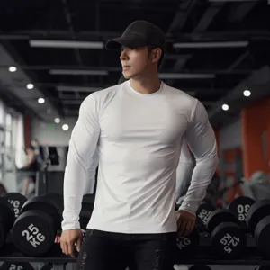 Men's solid color long sleeve fitness t-shirt, stretchy quick dry athletic workout base layer.