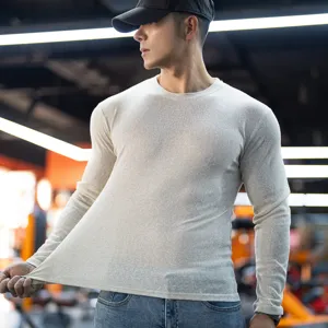 Men's long sleeve crewneck ribbed t-shirt casual slim fit solid color tee for gym sports