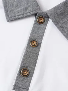 Men polo shirt collar and button detail close up white grey casual summer top view