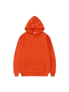 Men's bright orange solid color hooded sweatshirt with front pocket for casual wear.