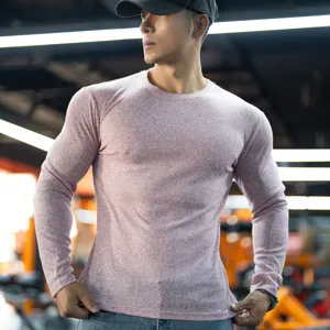Men's ribbed long sleeve t-shirt, casual fitness workout crew neck slim fit basic top.
