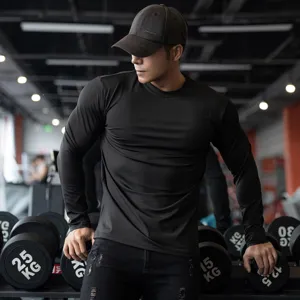 Men's long sleeve sports fitness athletic t-shirt solid color quick drying gym workout top