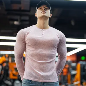 Men slim fit long sleeve ribbed t-shirt casual workout gym wear pink top detail view