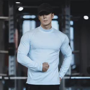 Men's solid color mock neck long sleeve athletic fitness workout gym compression t-shirt