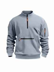 Mens half-zip fleece sweatshirt casual long sleeve stand collar pullover with pockets.
