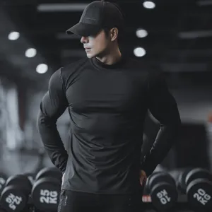 Men's solid black long sleeve mock neck athletic fitness compression base layer top