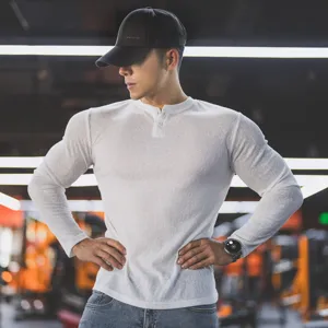 Men's white long sleeve waffle henley t-shirt for fitness gym workout casual sports wear