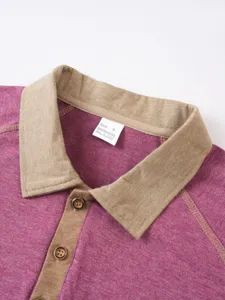 Men's contrast lapel short sleeve polo shirt detail view showing clear fabric texture.