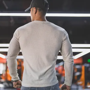 Men's long sleeve waffle knit crew neck t-shirt casual slim fit solid color athletic gym workout top
